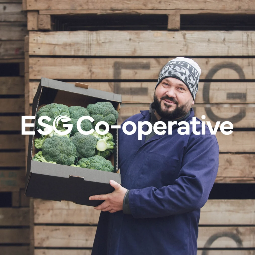 Middle aged man holding tray of broccoli in front of East of Scotland vegetable boxes in an Angus farmyard
